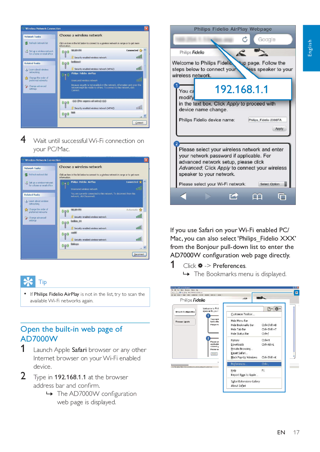 Philips AD7000W/37 user manual Open the built-in web AD7000W, Wait until successful Wi-Fi connection on your PC/Mac 