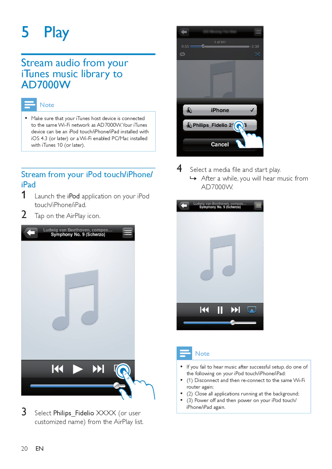 Philips AD7000W/37 Play, Stream audio from your iTunes music library to AD7000W, Stream from your iPod touch/iPhone/ iPad 