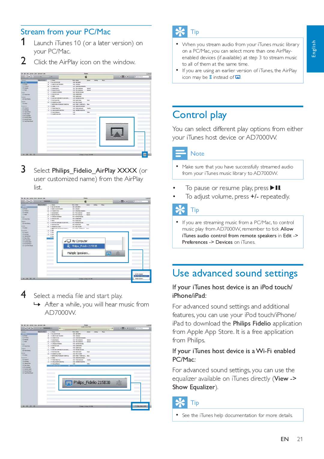 Philips AD7000W/37 user manual Control play, Use advanced sound settings, Stream from your PC/Mac 