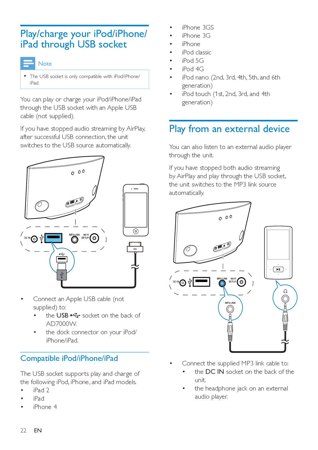 Philips AD7000W/37 user manual Play from an external device, Compatible iPod/iPhone/iPad 