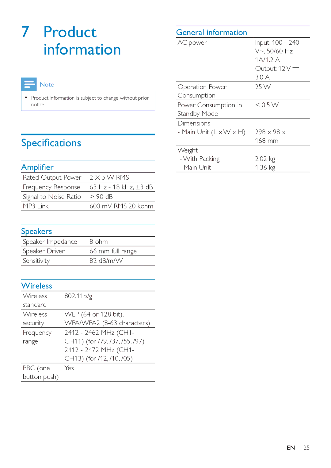 Philips AD7000W/37 user manual Product information, Specifications 