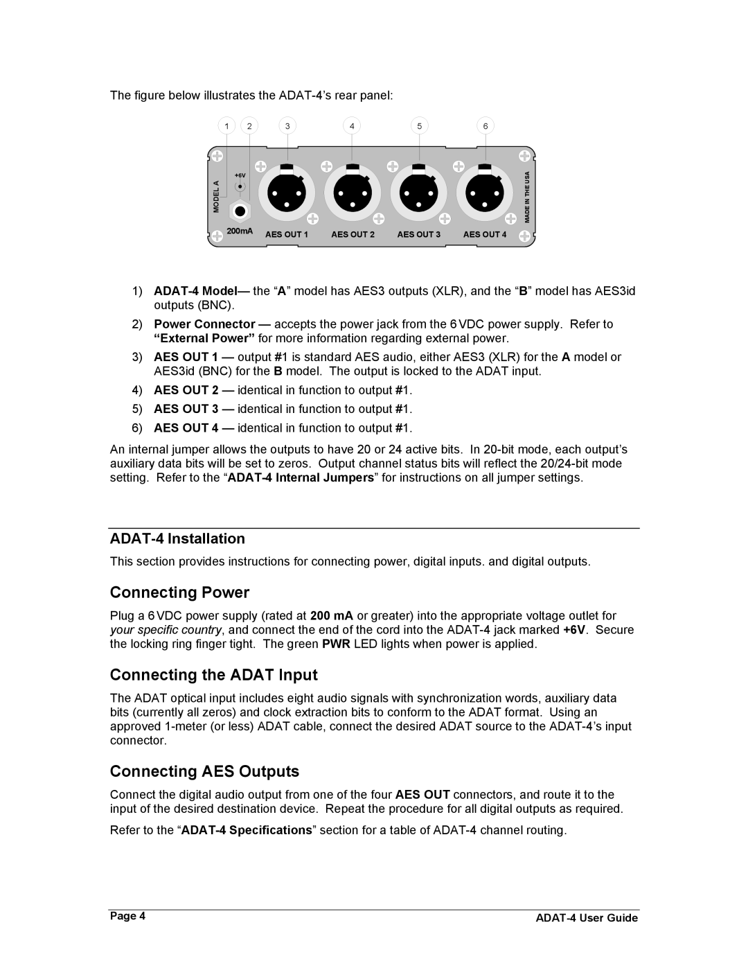 Philips manual Connecting Power, ADAT-4 Installation 