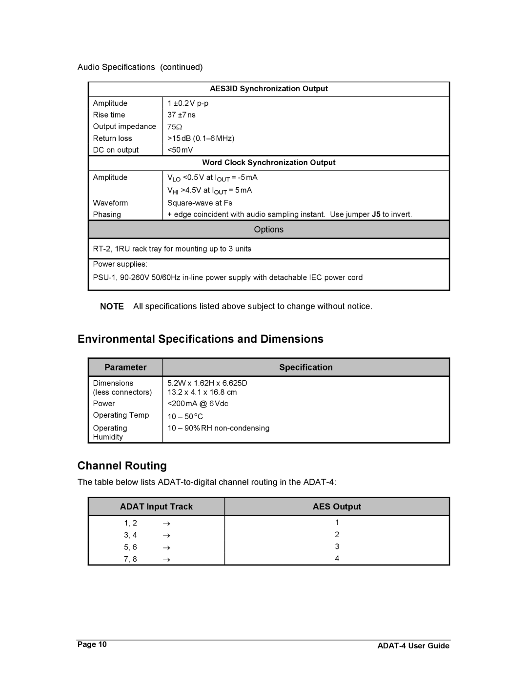 Philips ADAT-4 manual Audio Specifications, Adat Input Track AES Output 