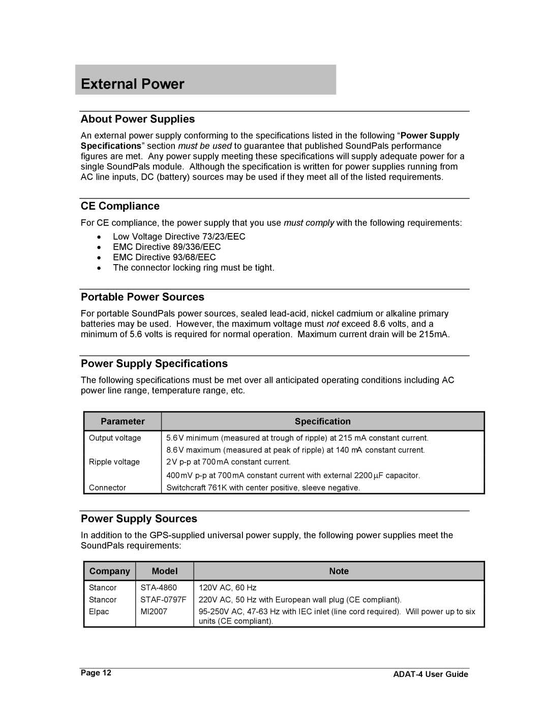 Philips ADAT-4 manual About Power Supplies, CE Compliance, Portable Power Sources, Power Supply Specifications 