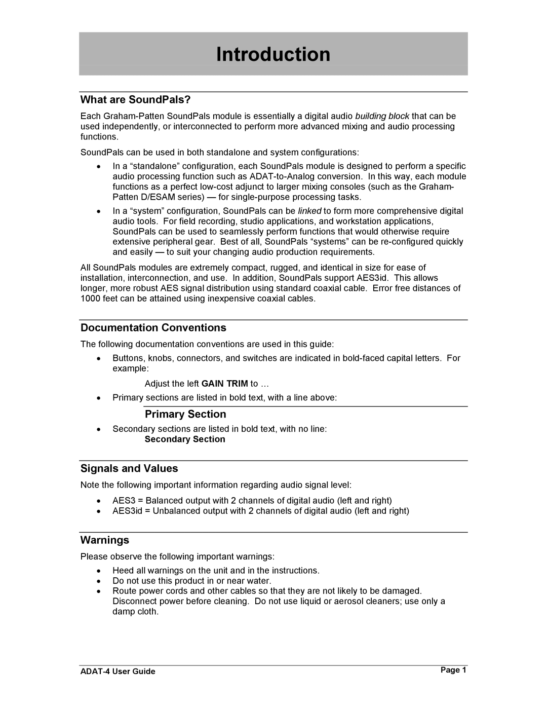 Philips ADAT-4 What are SoundPals?, Documentation Conventions, Primary Section, Signals and Values, Secondary Section 