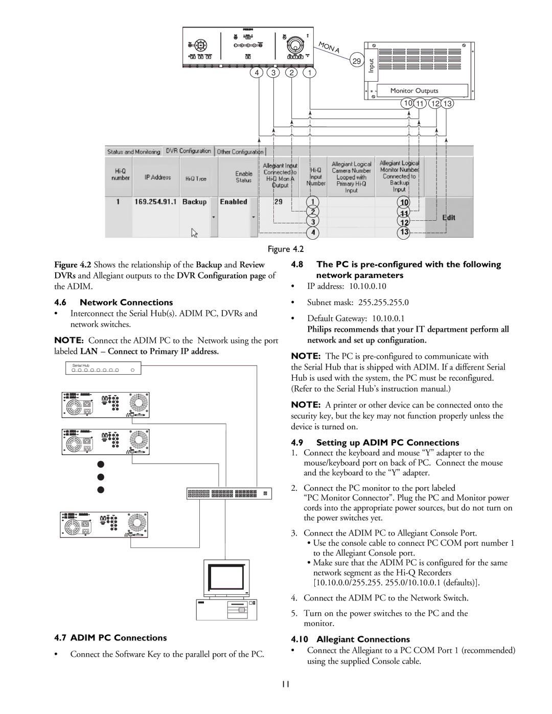 Philips ADM0101 Network Connections, Adim PC Connections, PC is pre-configured with the following network parameters 