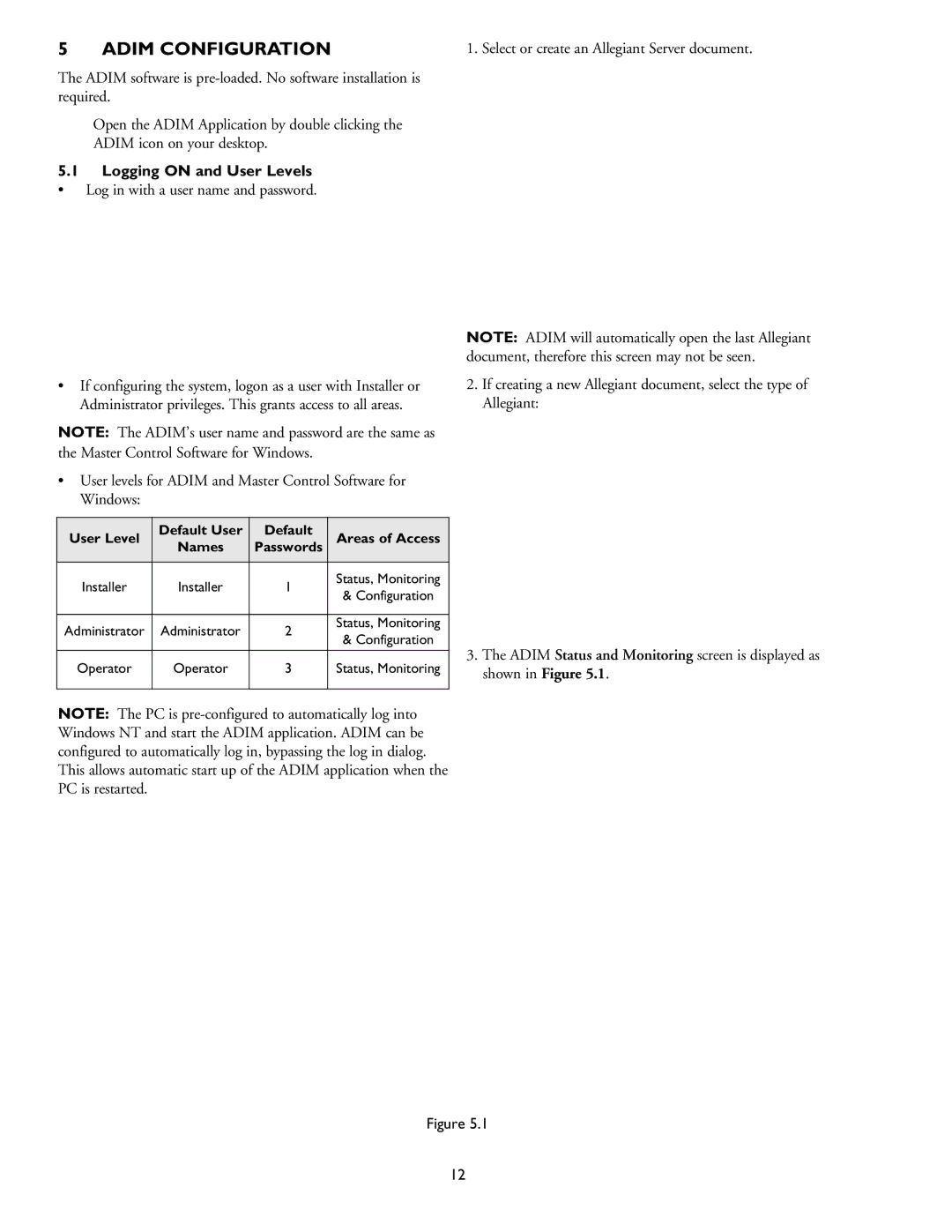 Philips ADM0101 Adim Configuration, Logging on and User Levels, User Level Default User Areas of Access Names 