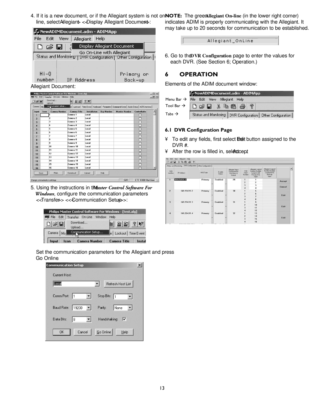 Philips ADM0101 installation instructions Operation, Allegiant Document, DVR Configuration 