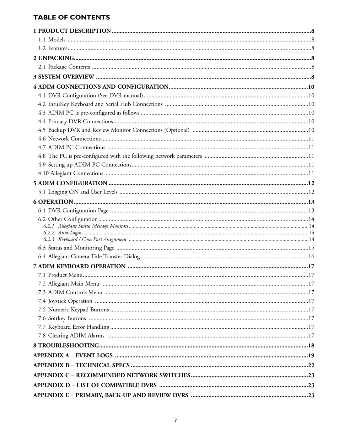 Philips ADM0101 installation instructions Table of Contents 