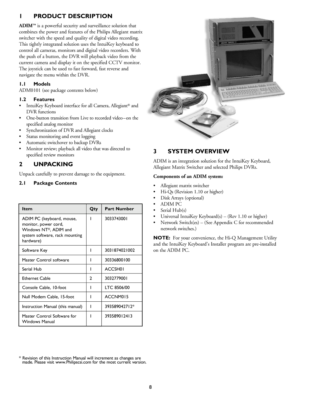 Philips ADM0101 installation instructions Product Description, Unpacking, System Overview 