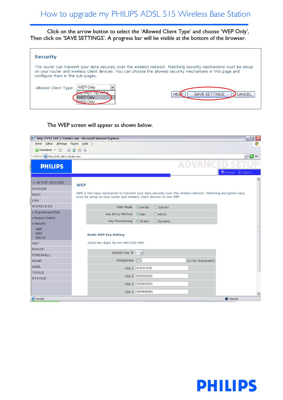 Philips ADSL 515 manual How to upgrade my Philips Adsl 515 Wireless Base Station 