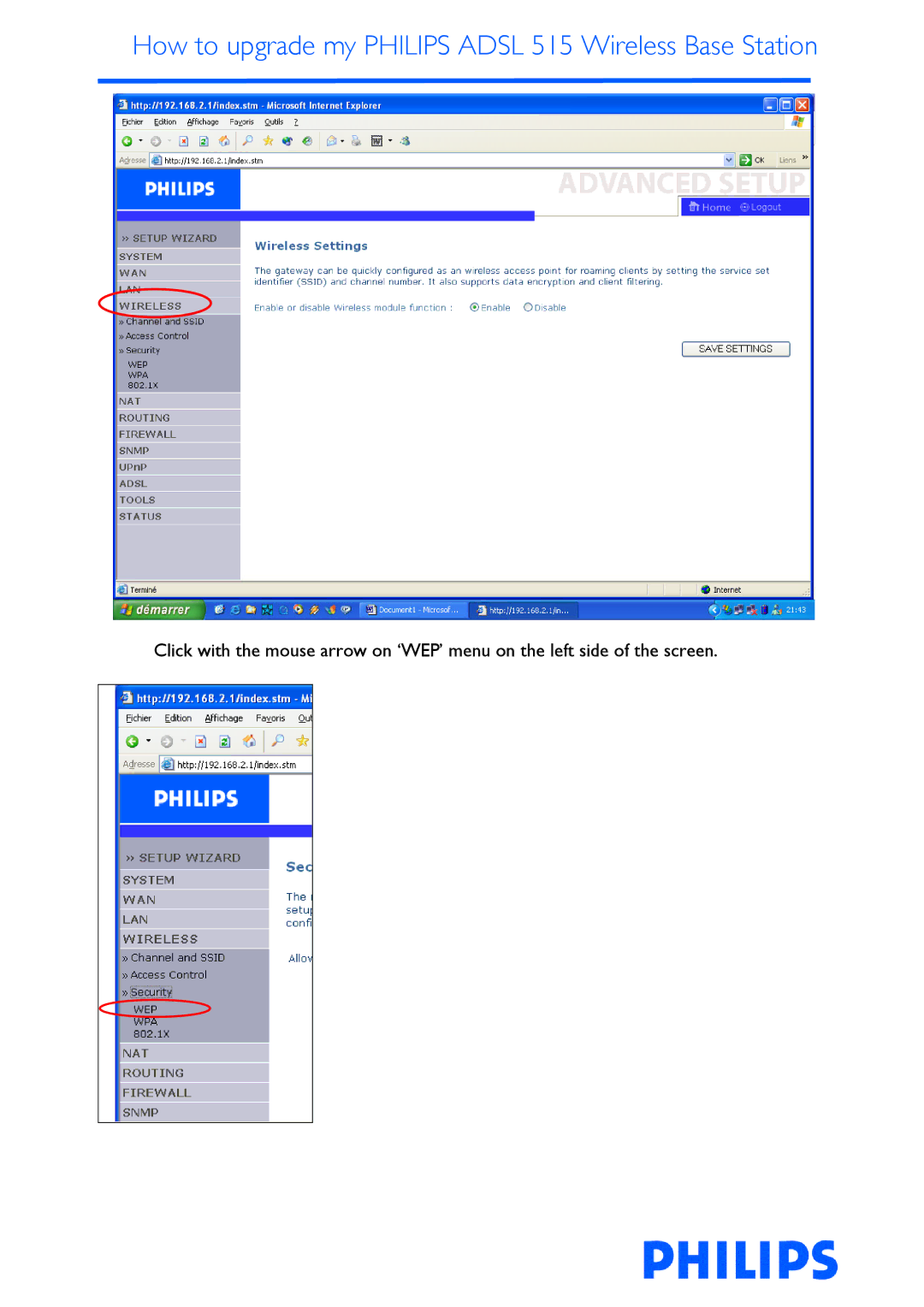 Philips ADSL 515 manual How to upgrade my Philips Adsl 515 Wireless Base Station 