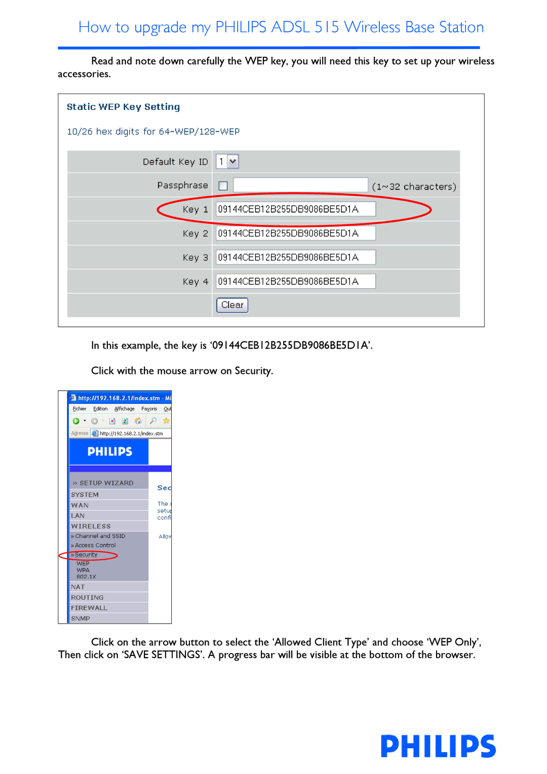 Philips ADSL 515 manual How to upgrade my Philips Adsl 515 Wireless Base Station 