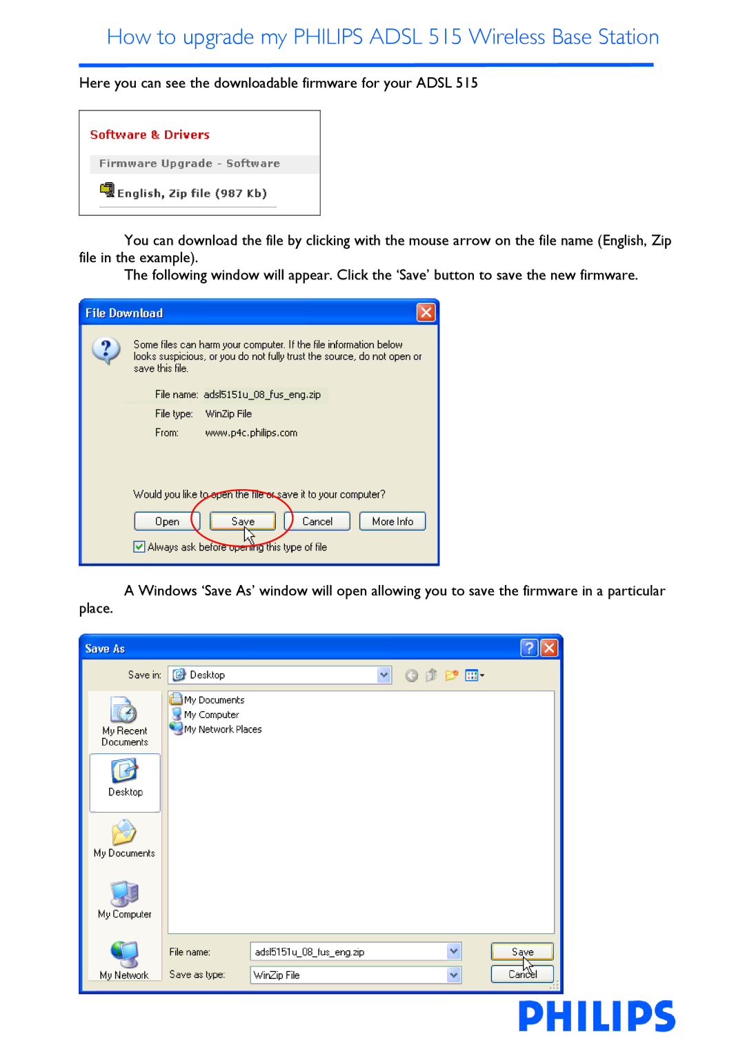 Philips ADSL 515 manual How to upgrade my Philips Adsl 515 Wireless Base Station 