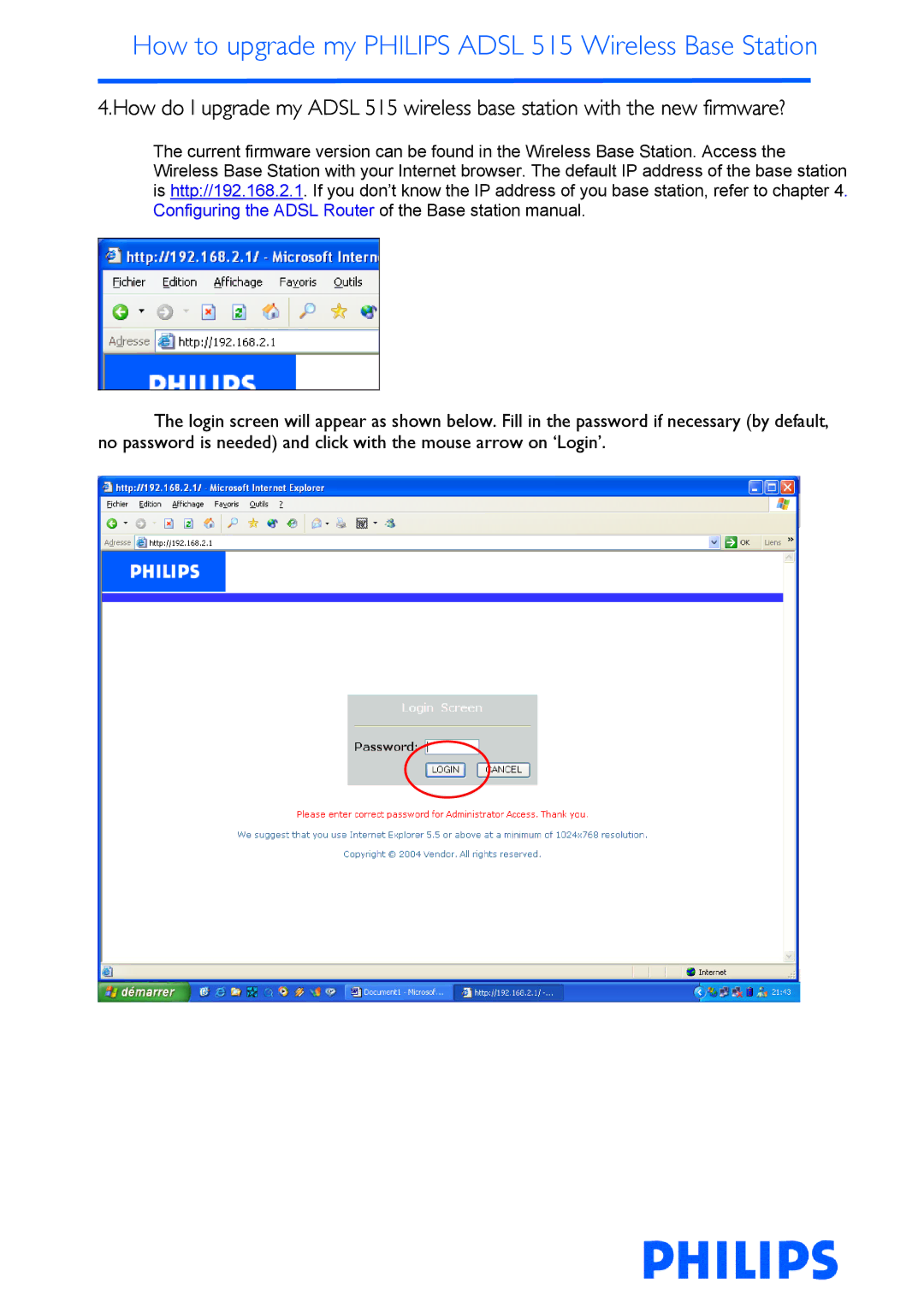 Philips ADSL 515 manual How to upgrade my Philips Adsl 515 Wireless Base Station 