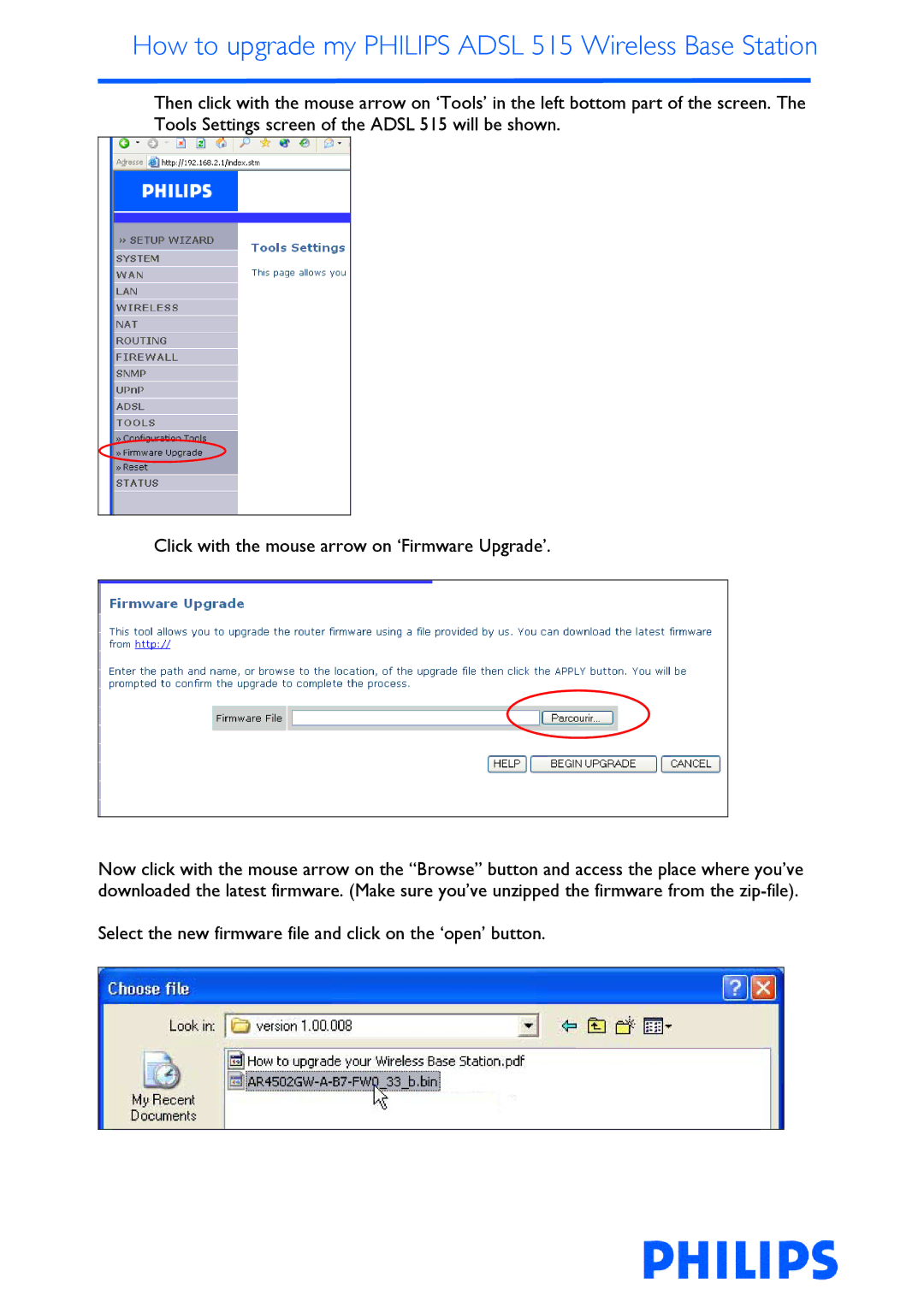 Philips ADSL 515 manual How to upgrade my Philips Adsl 515 Wireless Base Station 