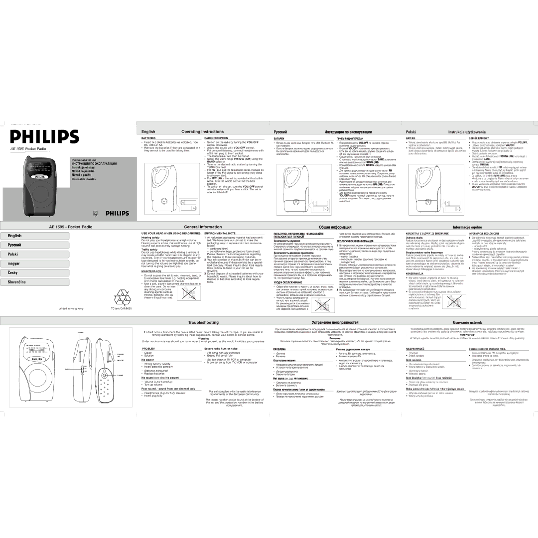 Philips AE 1595 manual English Operating Instructions, Polski Instrukcja uÀytkowania, Informacje og-lne, Magyar, Éesky 