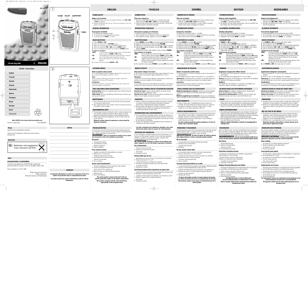 Philips AE 6570 manual Für optimalen FM-Empfang anschließen, Las pilas están gastadas, Headphone plug not fully inserted 