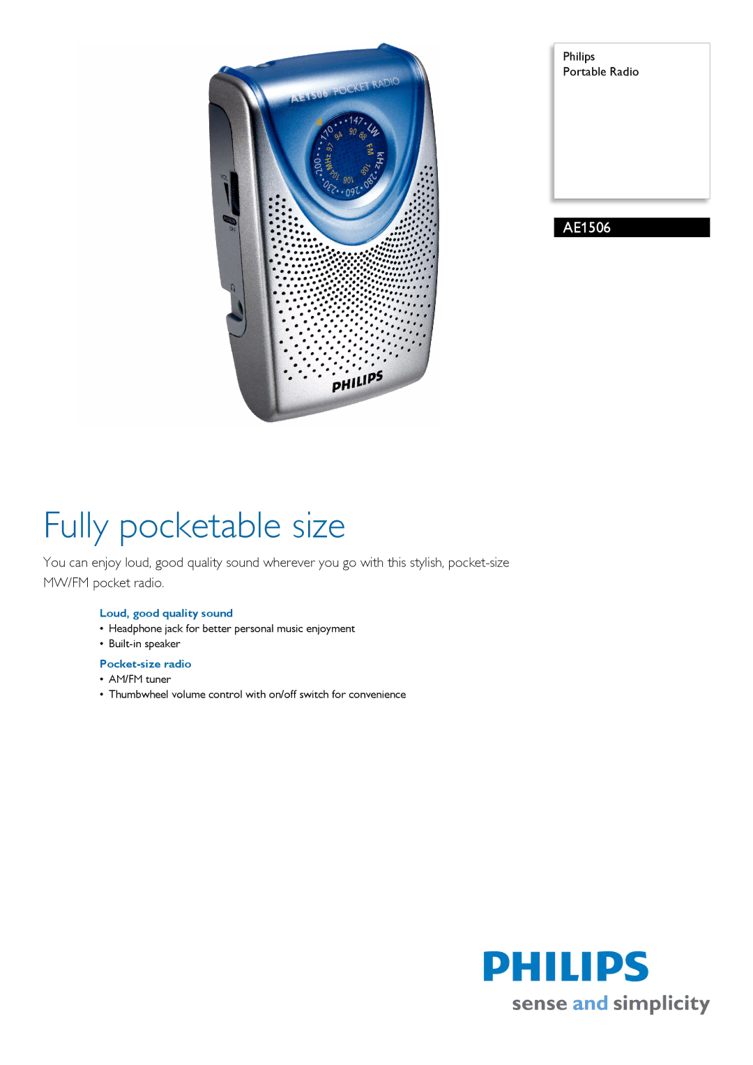 Philips AE1506/04Z manual Fully pocketable size, Loud, good quality sound, Pocket-size radio 