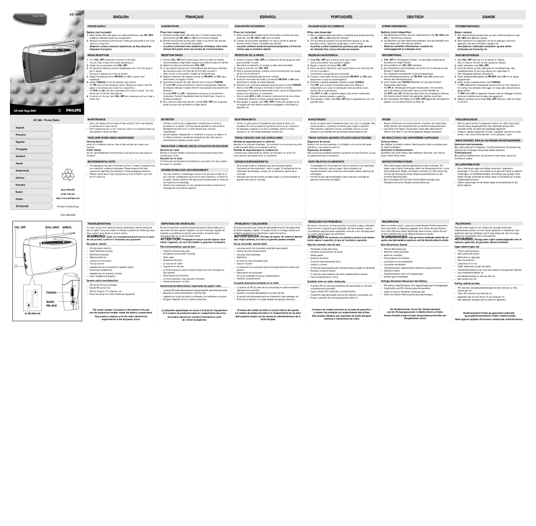 Philips AE1605 manual Power Supply, Radio Reception, Alimentation, Reception Radio, Suministro DE Energía, Stromversorgung 