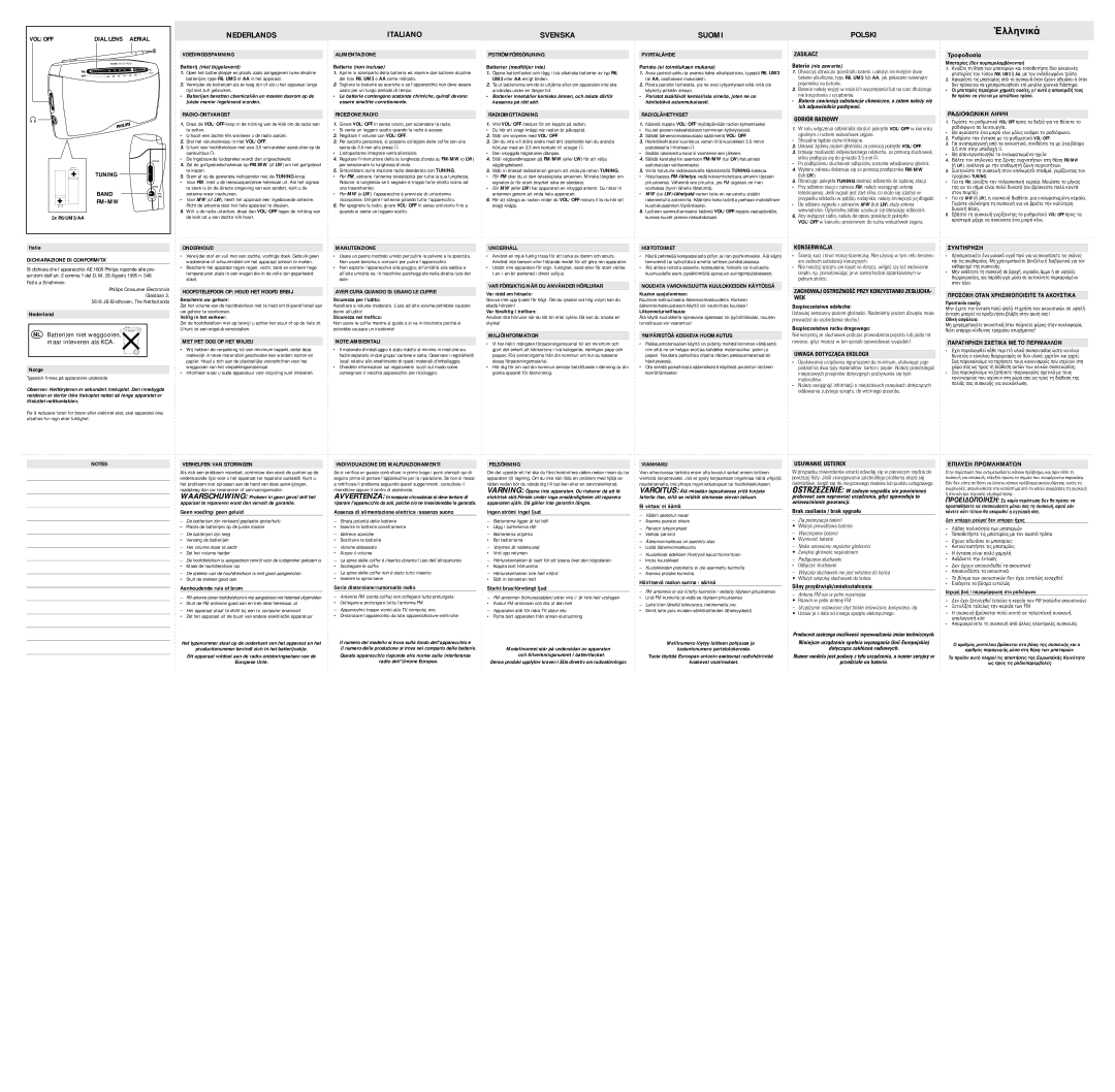 Philips AE1605 Fmmw, Voedingsspanning, Radio-Ontvangst, Alimentazione, Ricezione Radio, Pströmförsörjning, Radiomottagning 