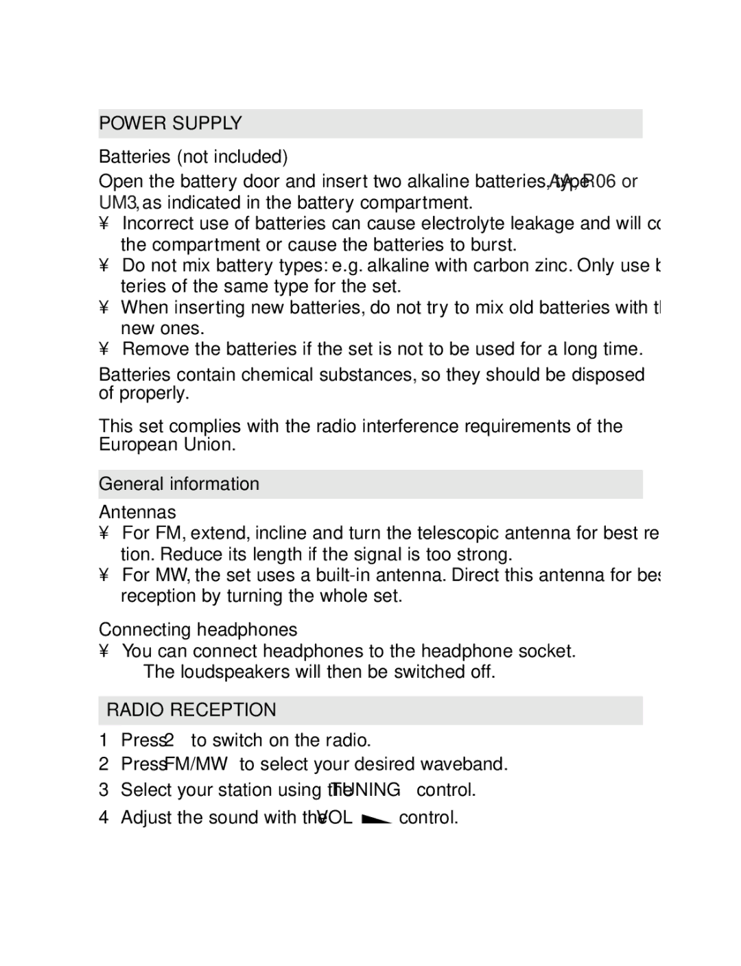 Philips AE1850 Power Supply, Batteries not included, General information Antennas, Connecting headphones, Radio Reception 