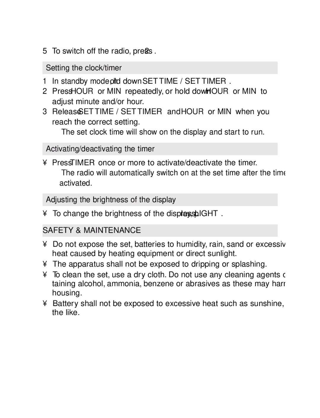 Philips AE1850 Setting the clock/timer, Activating/deactivating the timer, Adjusting the brightness of the display 