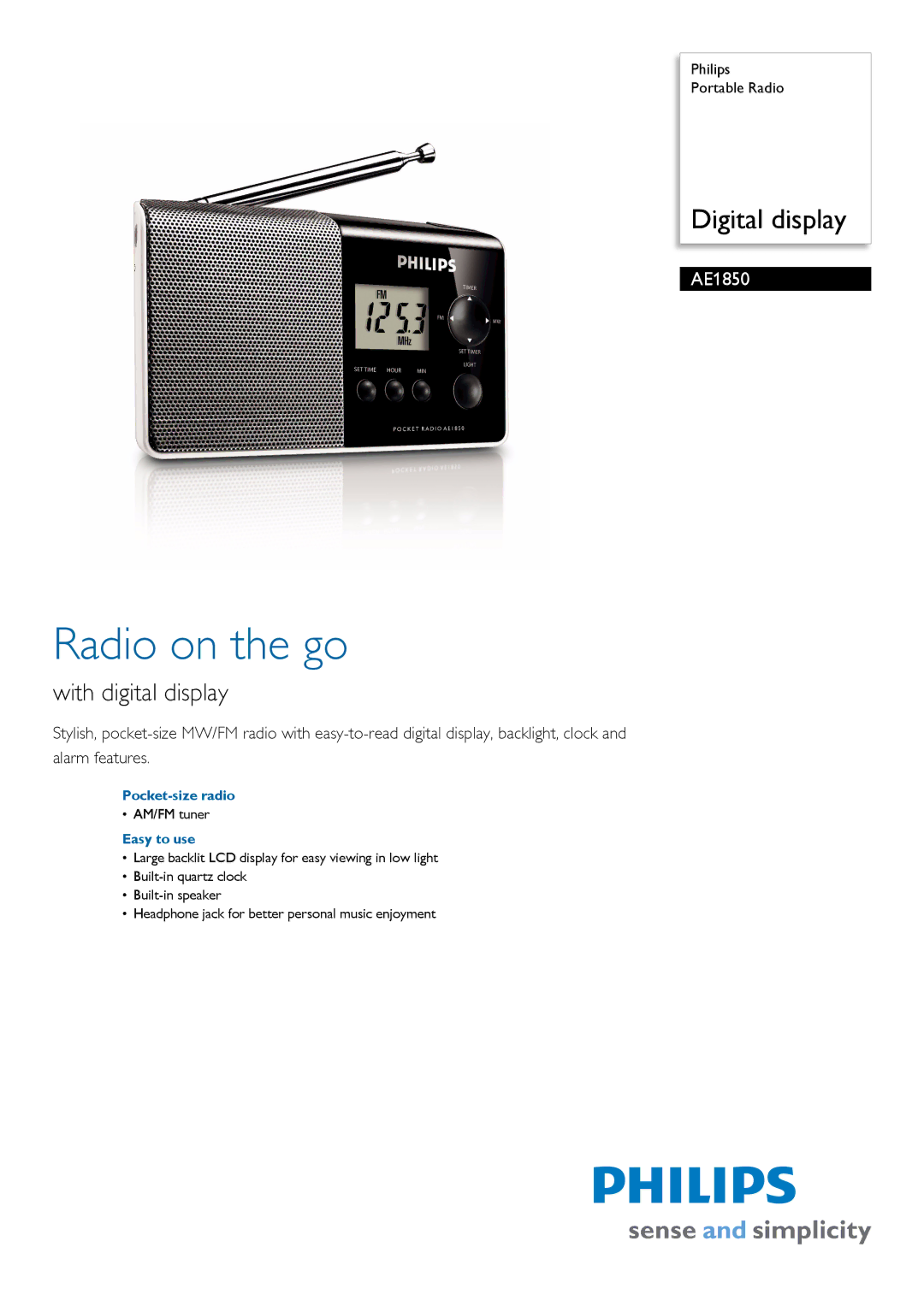 Philips AE1850/00 manual Radio on the go, With digital display, Pocket-size radio, Easy to use 