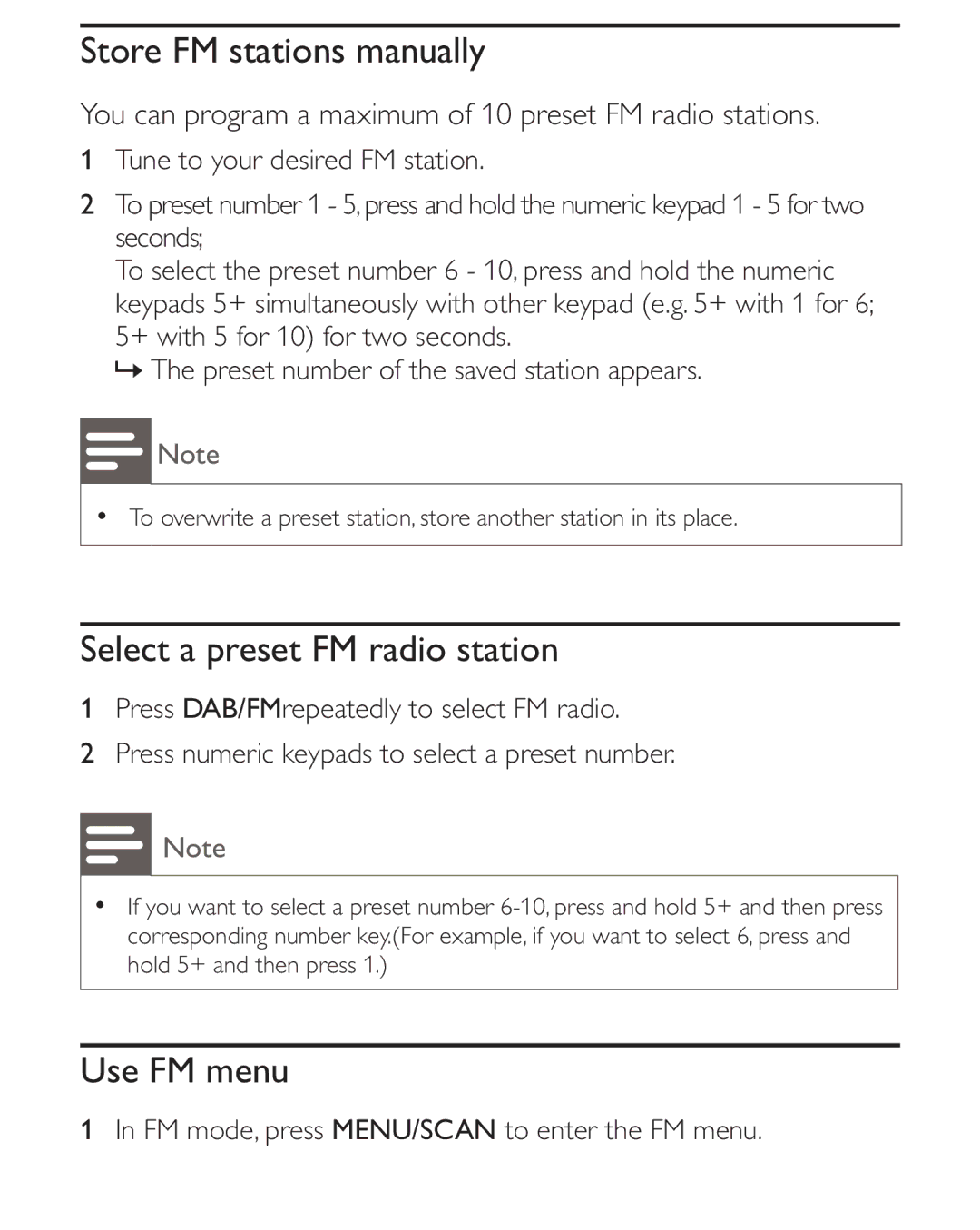 Philips AE2012 user manual Store FM stations manually, Select a preset FM radio station, Use FM menu 