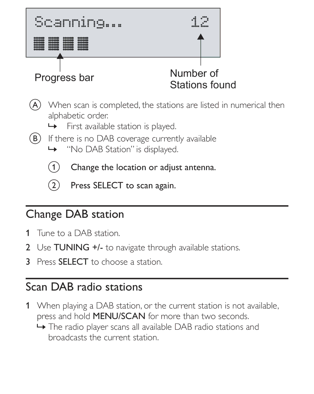 Philips AE2012 user manual Change DAB station, Scan DAB radio stations 