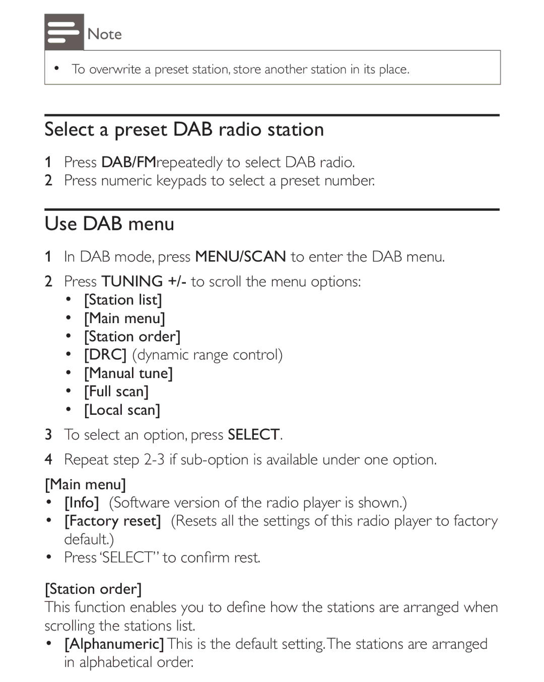 Philips AE2012 user manual Select a preset DAB radio station, Use DAB menu 