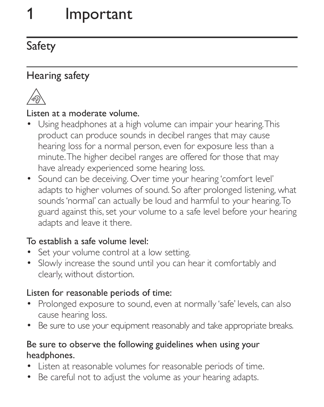 Philips AE2012 user manual Safety, Listen at a moderate volume 