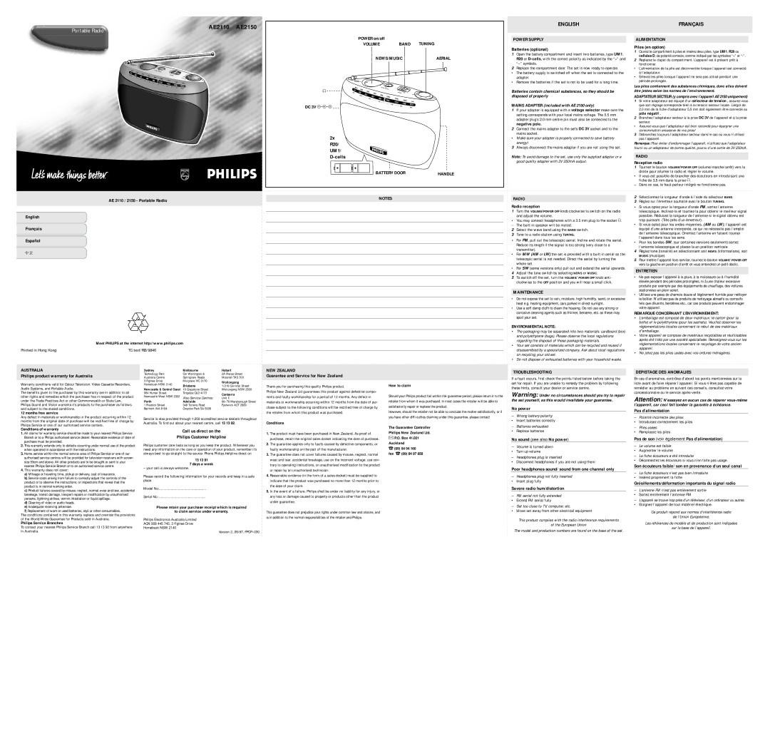 Philips AE2150, AE2110 warranty Band Tuning, Power Supply, Alimentation, Battery Door, Maintenance, Entretien, Australia 