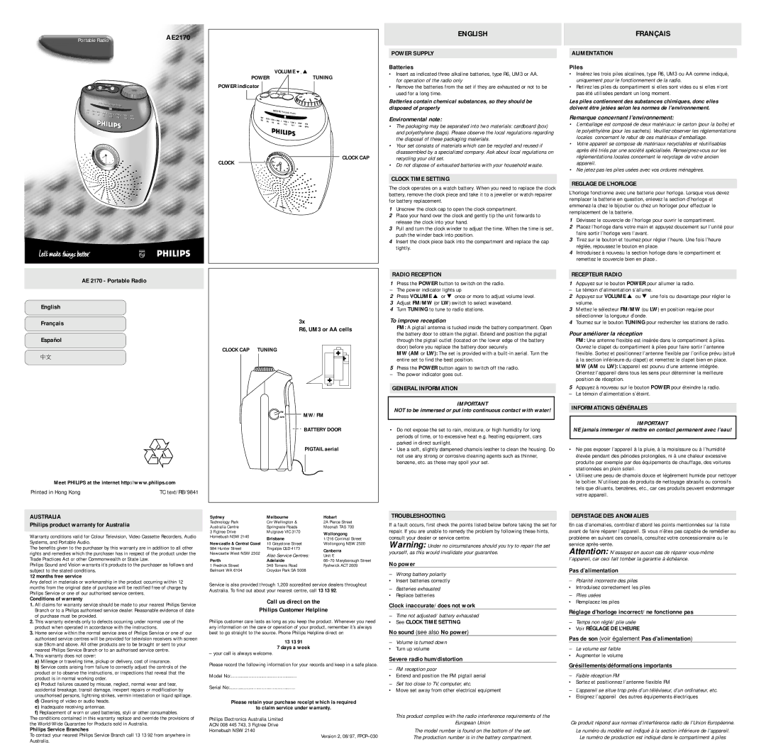 Philips AE2170 warranty Power Supply, Clock Time Setting, Alimentation, Reglage DE L’HORLOGE, Radio Reception, Australia 