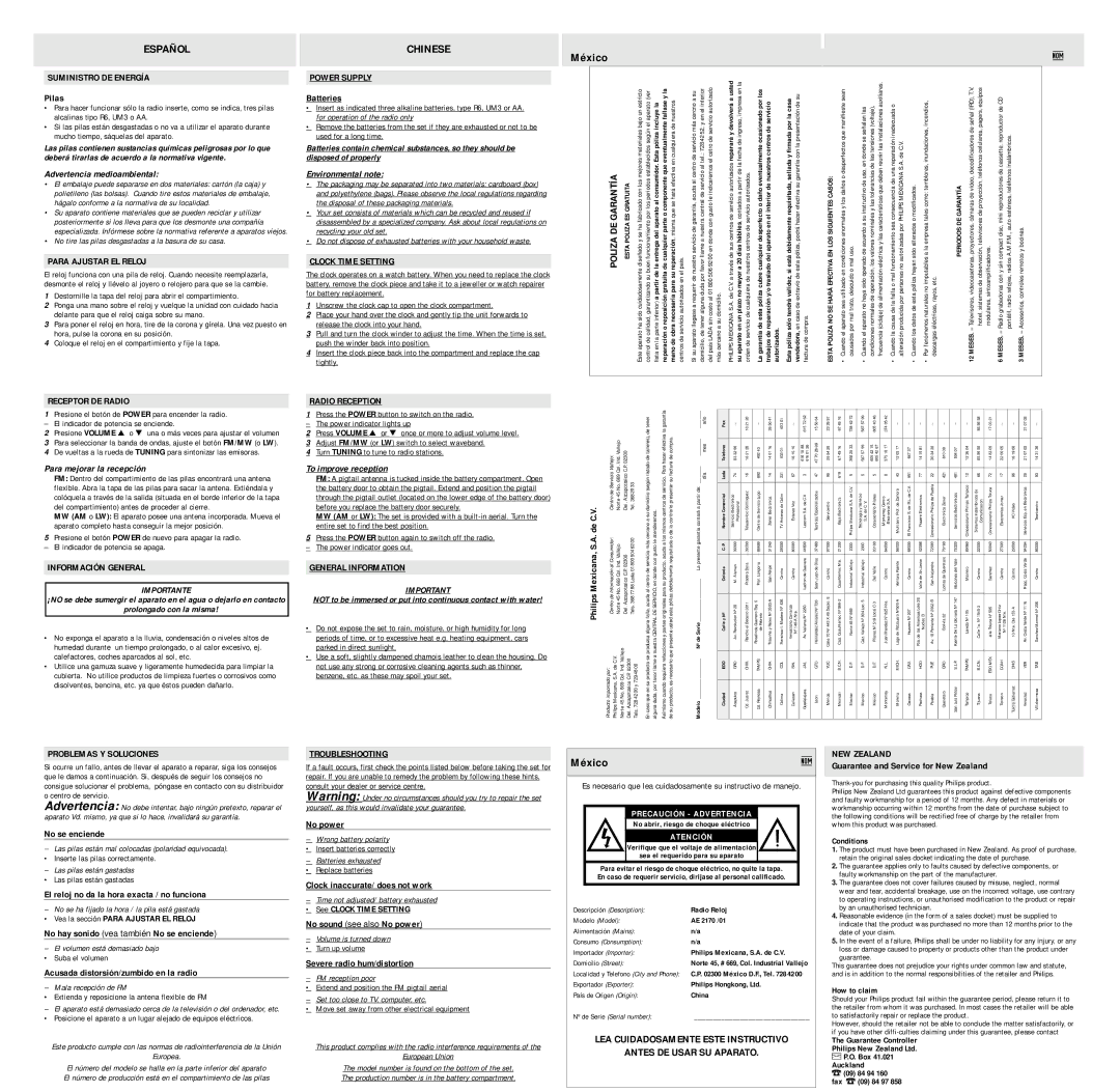 Philips AE2170 Chinese, Suministro DE Energía, Para Ajustar EL Reloj, Receptor DE Radio, Información General, NEW Zealand 