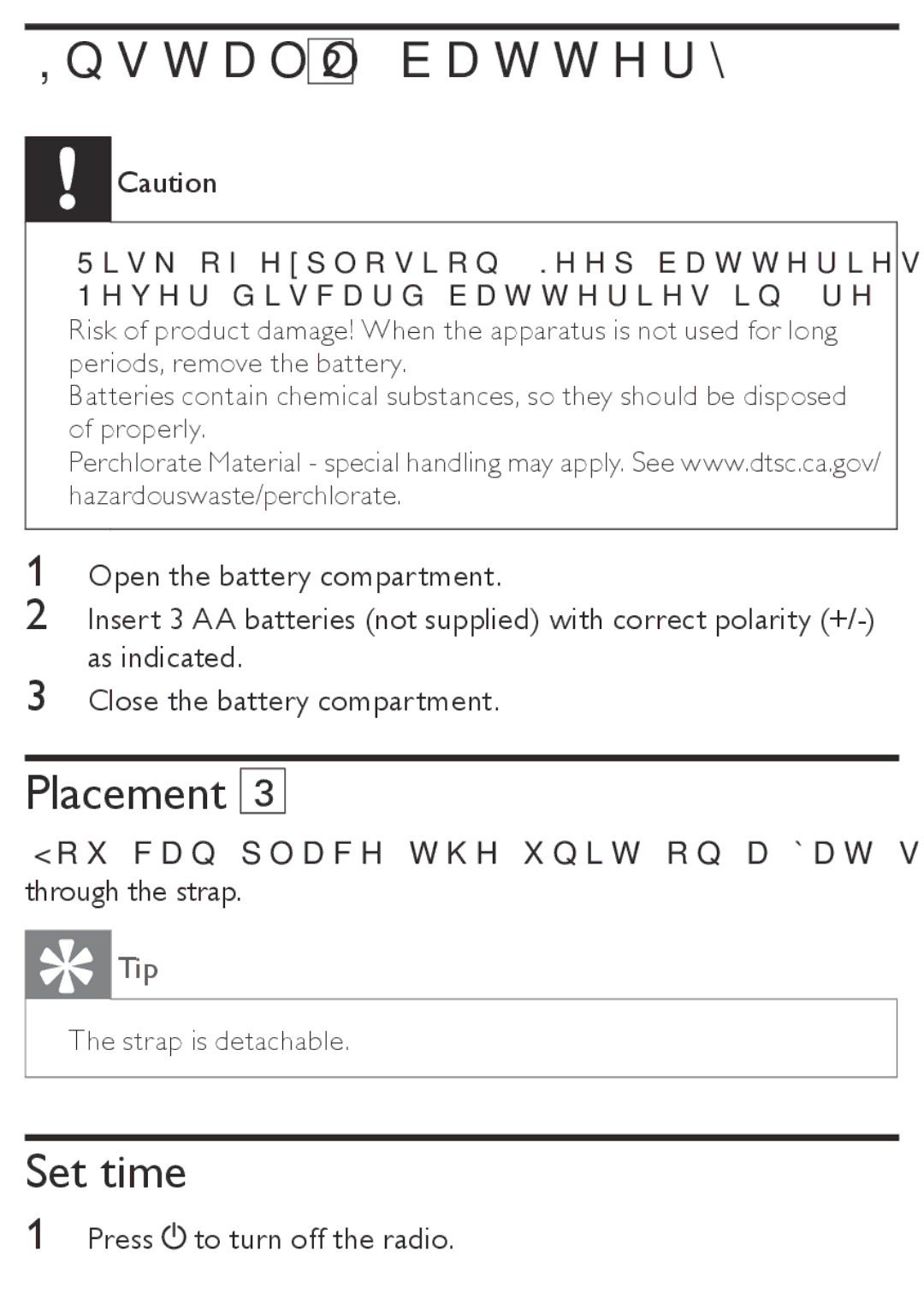 Philips AE2330/37 user manual Install battery, Placement, Set time 