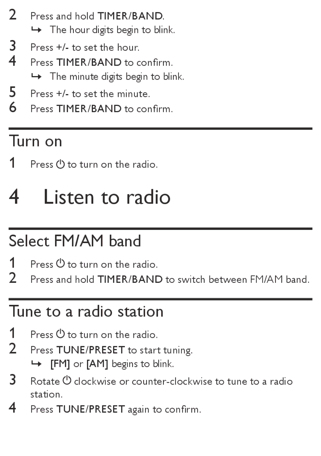 Philips AE2330/37 user manual Listen to radio, Turn on, Select FM/AM band, Tune to a radio station 