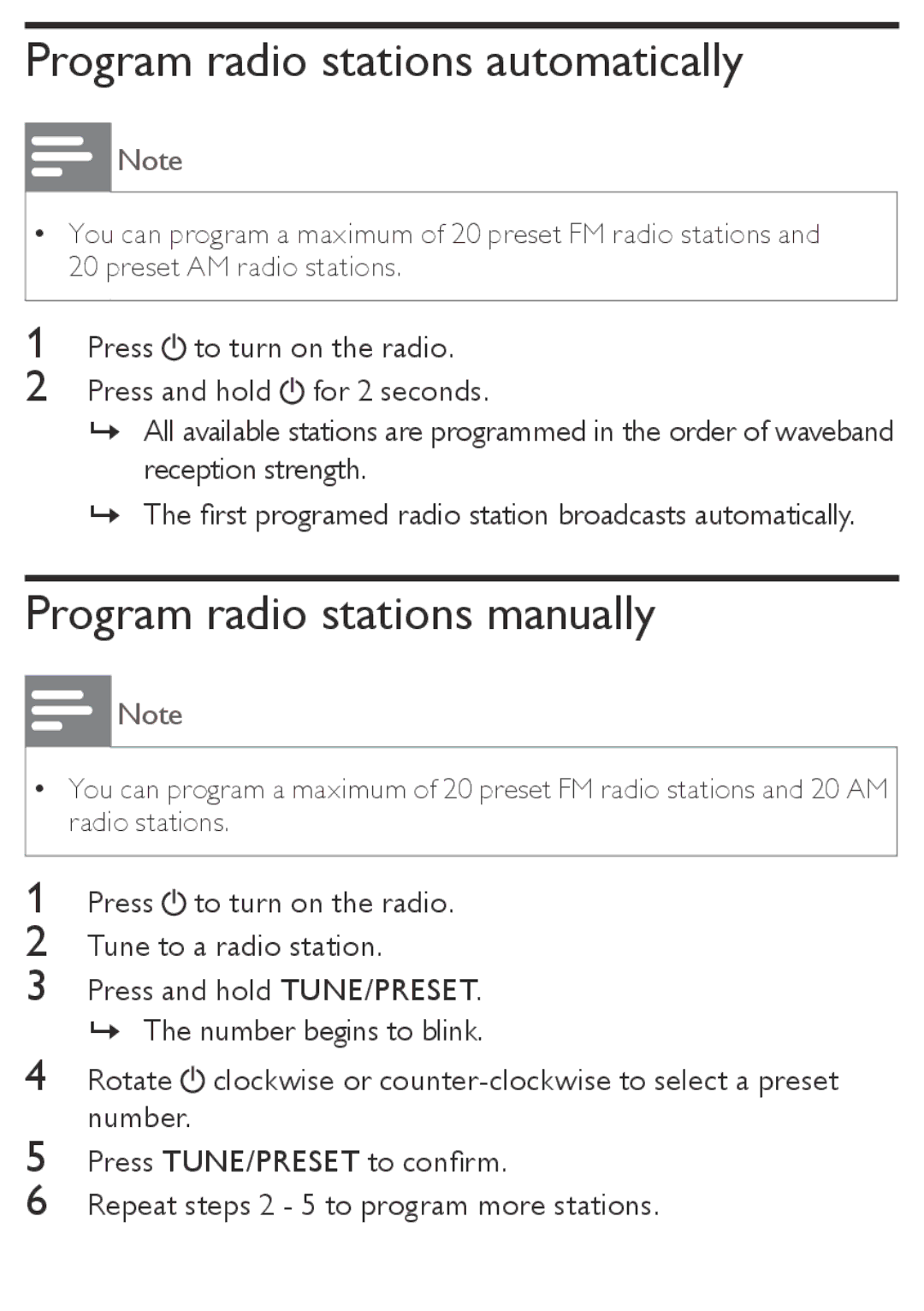 Philips AE2330/37 user manual Program radio stations automatically, Program radio stations manually 