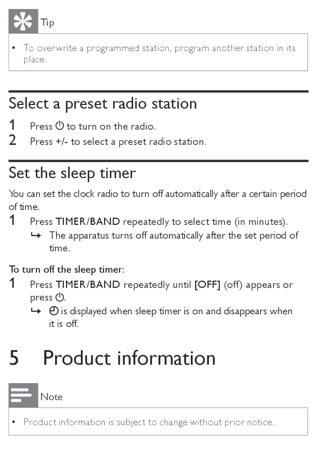 Philips AE2330/37 user manual Product information, Select a preset radio station, Set the sleep timer 