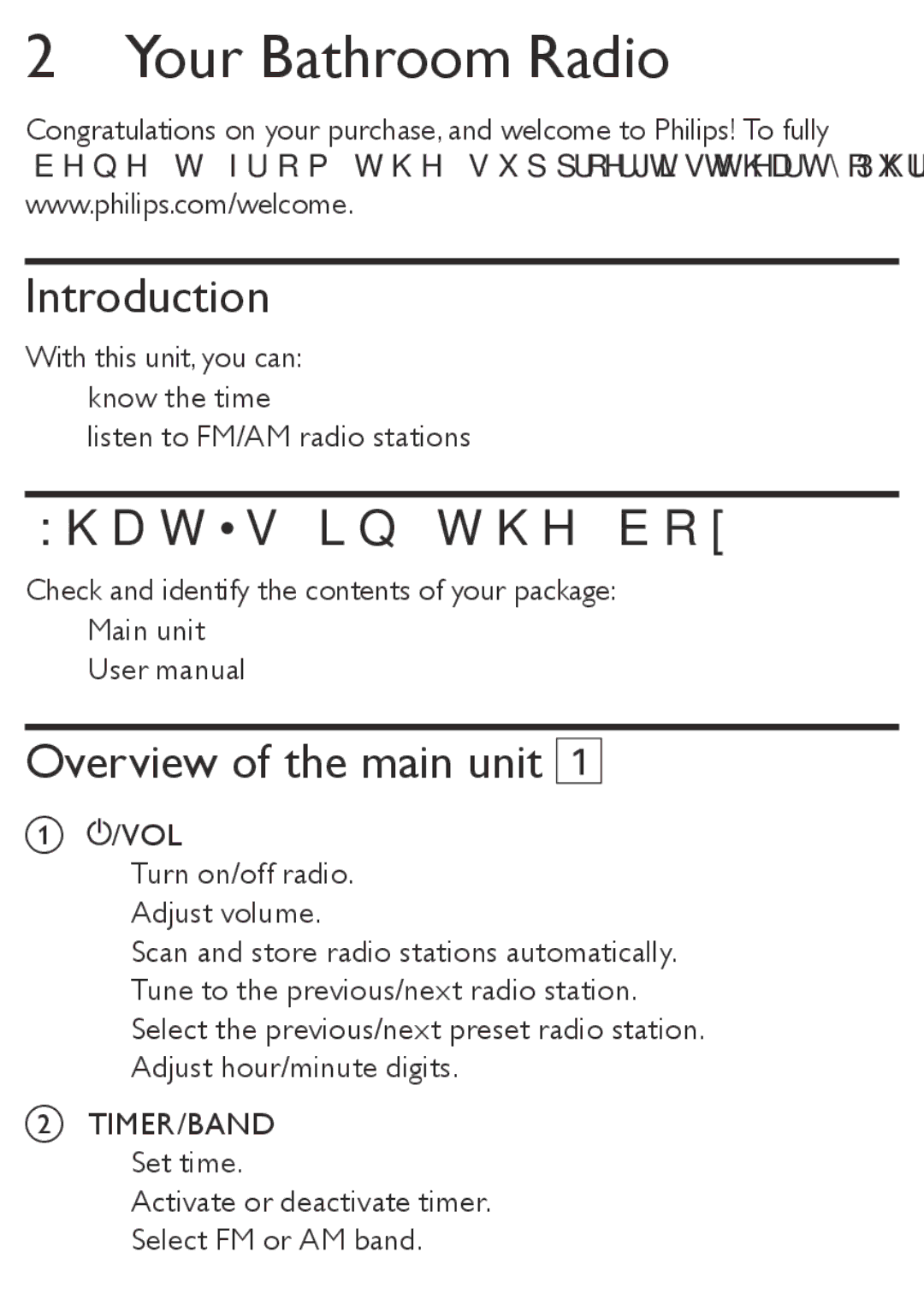 Philips AE2330/37 user manual Your Bathroom Radio, Introduction, What’s in the box, Overview of the main unit 