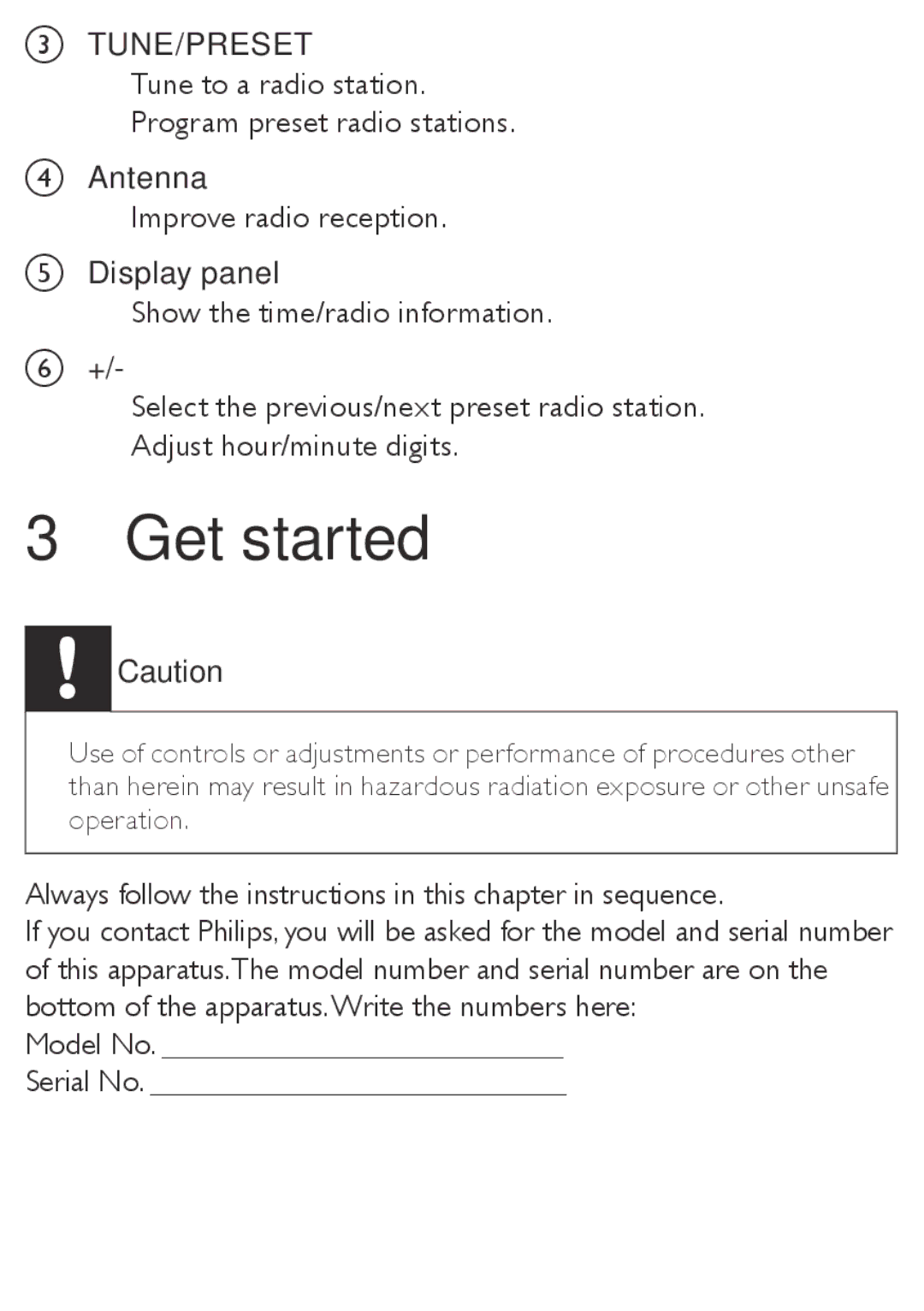 Philips AE2330/37 user manual Get started, Tune/Preset 