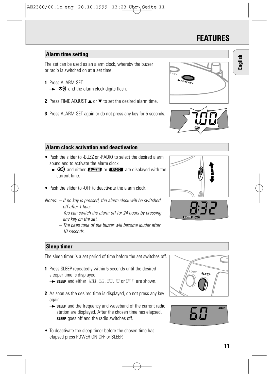Philips AE2380 manual Alarm time setting, Alarm clock activation and deactivation, Sleep timer 