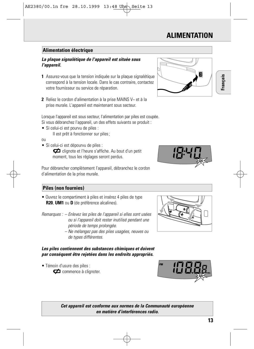 Philips AE2380 Alimentation électrique, Piles non fournies, Témoin dusure des piles Commence à clignoter, Français 