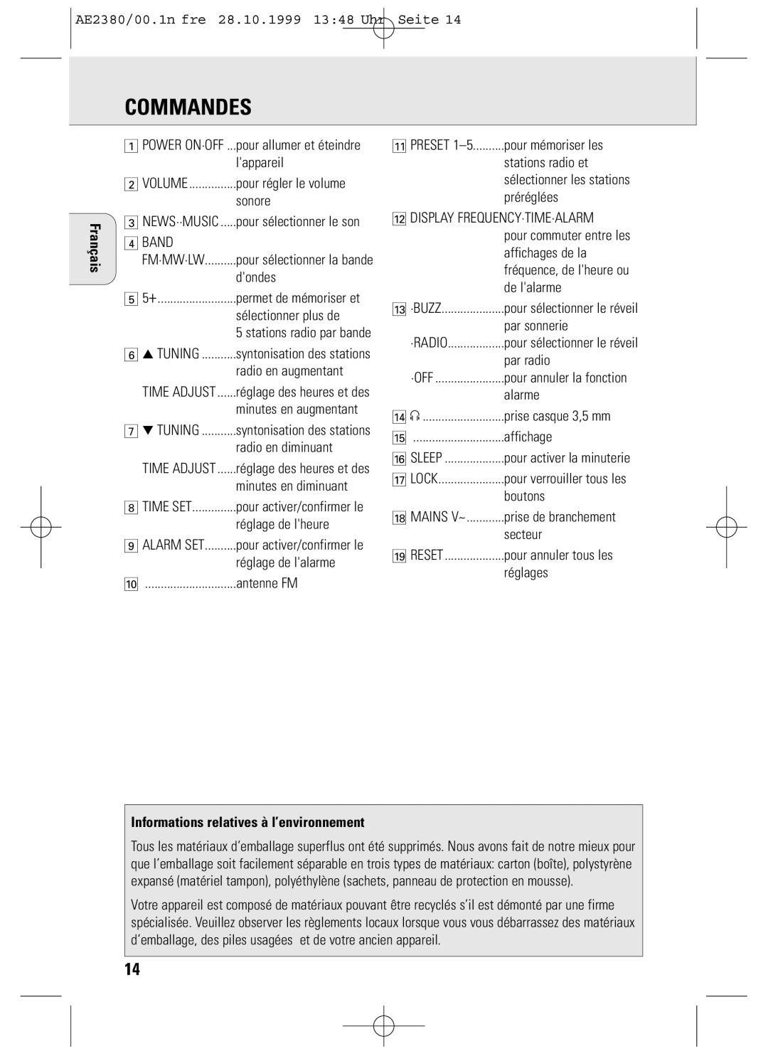 Philips AE2380 manual Commandes, Informations relatives à l’environnement 