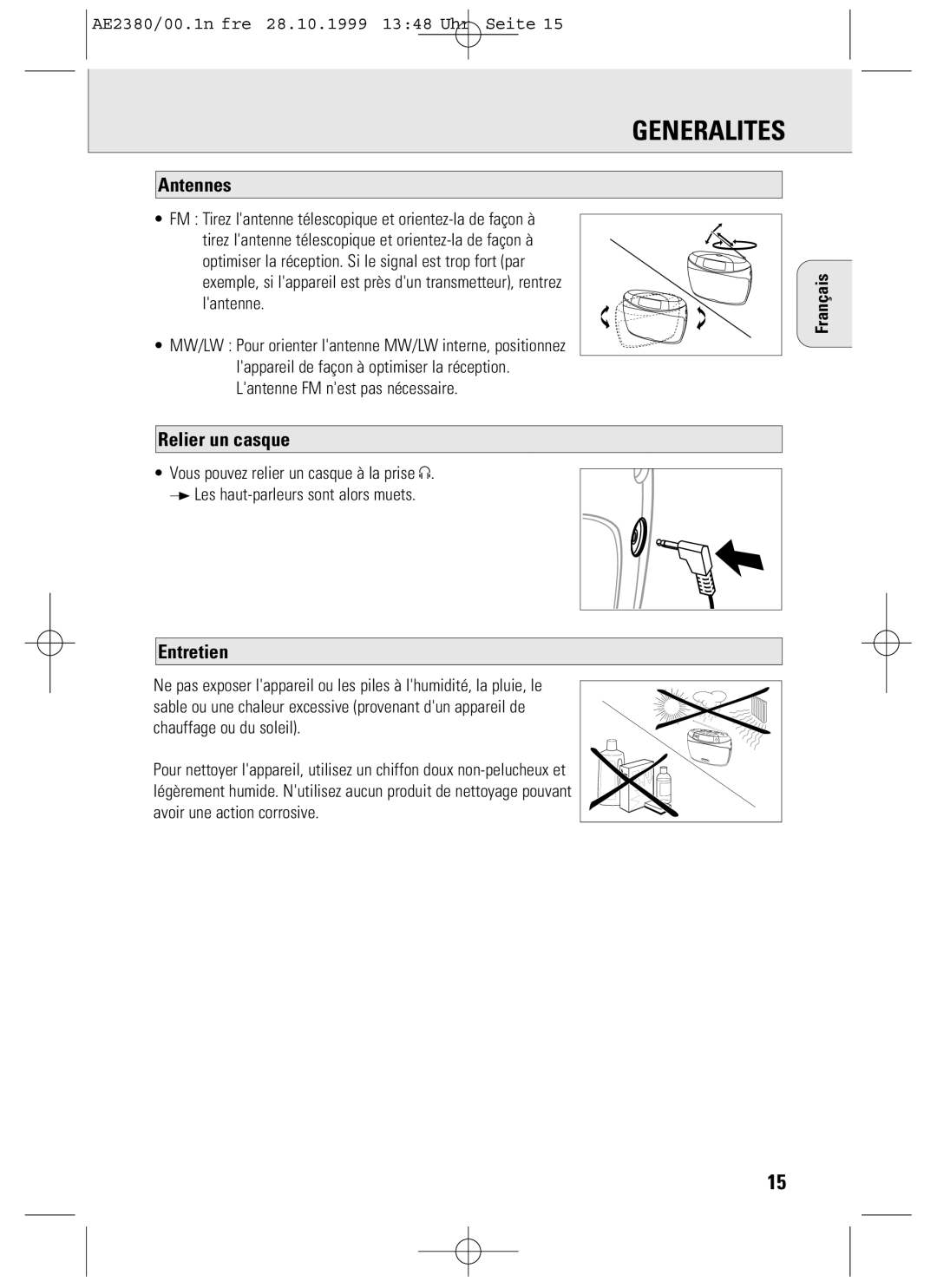 Philips AE2380 manual Generalites, Antennes, Relier un casque, Entretien 