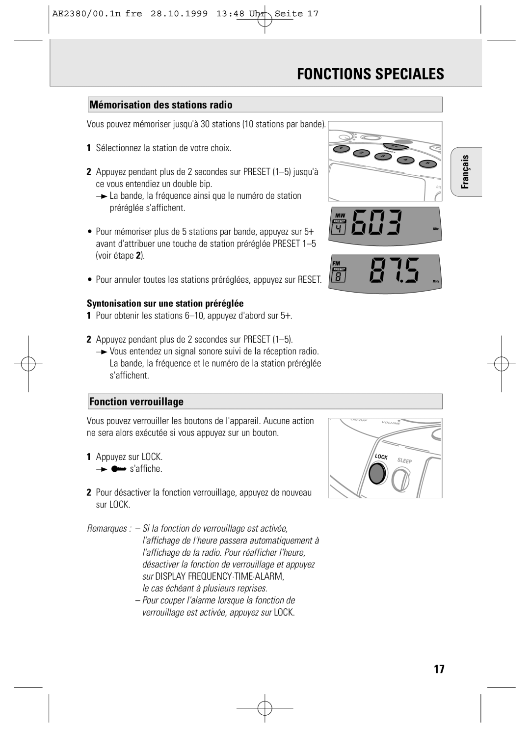 Philips AE2380 manual Fonctions Speciales, Mémorisation des stations radio, Fonction verrouillage 