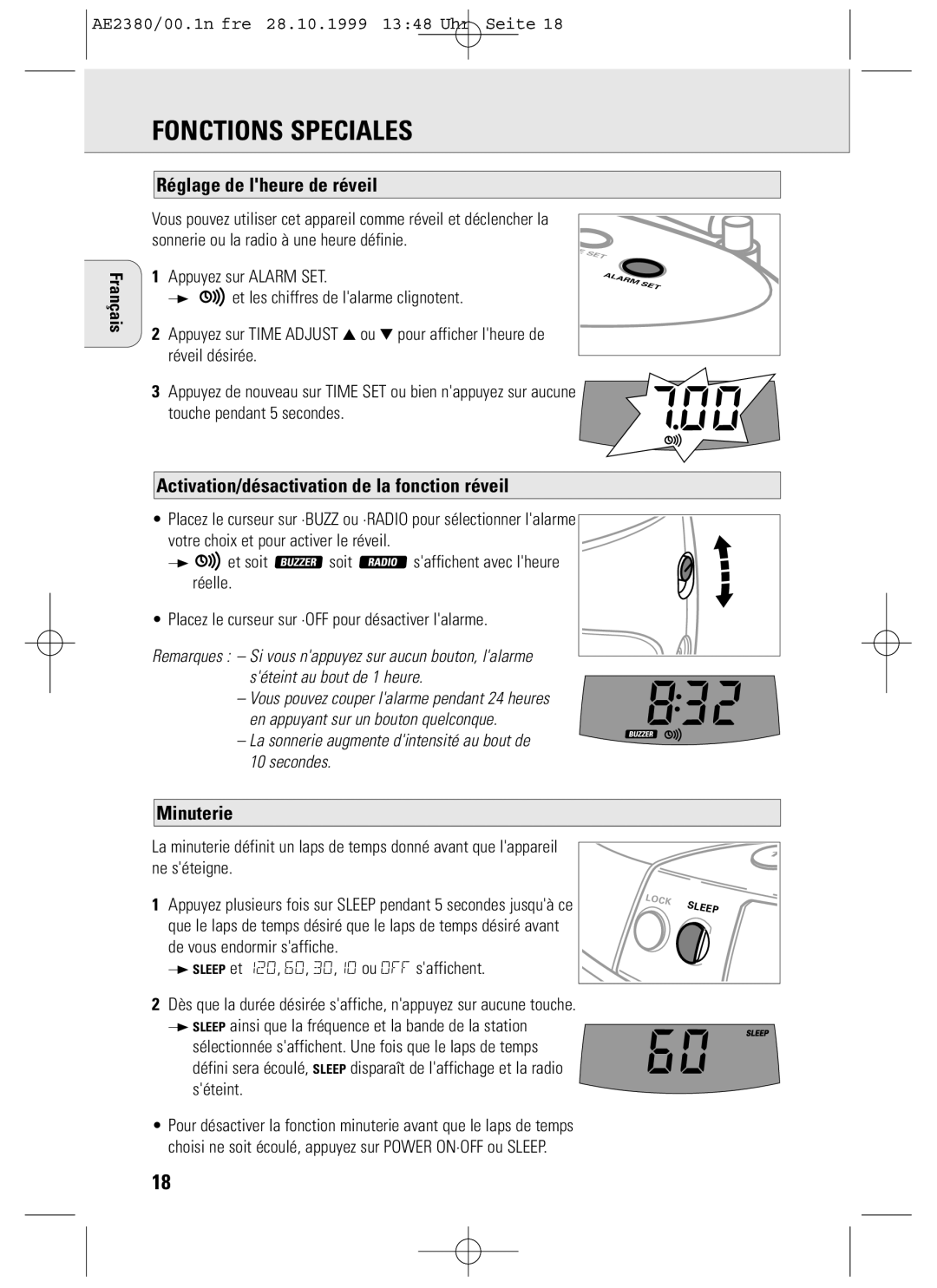 Philips AE2380 manual Réglage de lheure de réveil, Activation/désactivation de la fonction réveil, Minuterie 