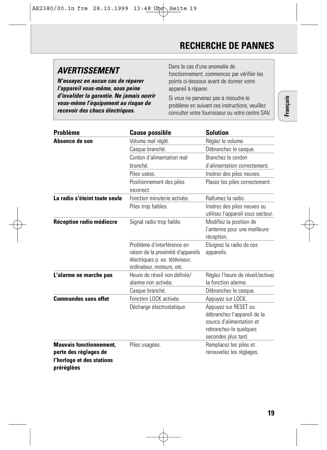 Philips AE2380 manual Recherche DE Pannes, Problème Cause possible Solution 