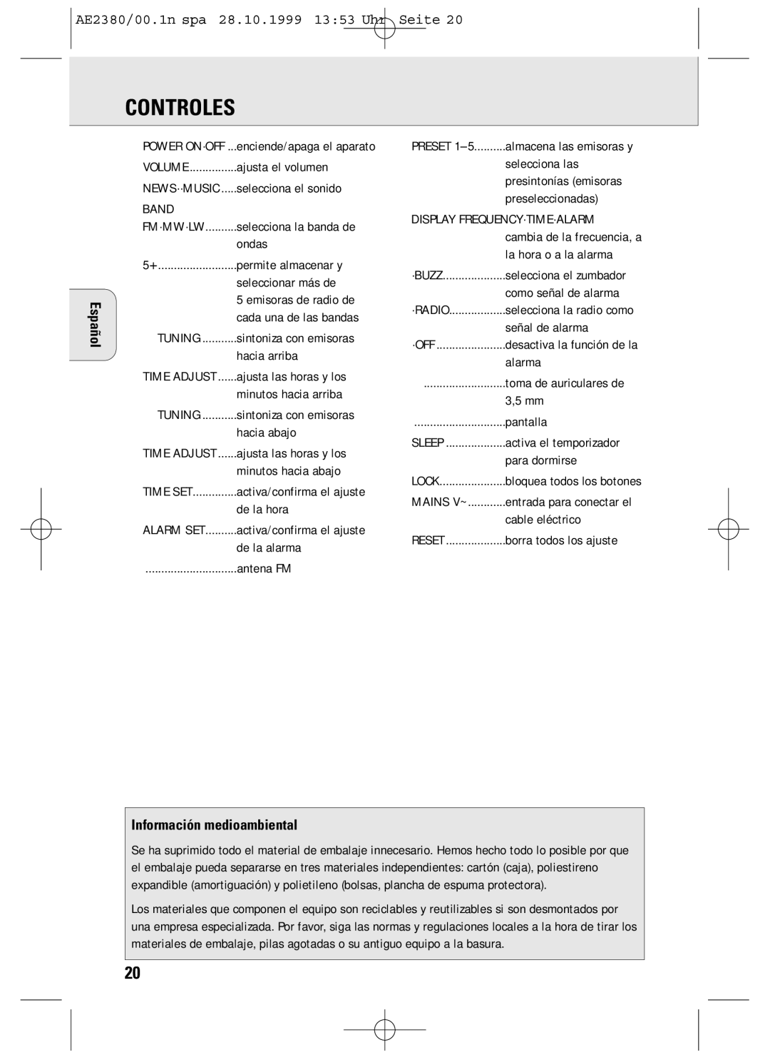 Philips AE2380 manual Controles, Español, Información medioambiental 