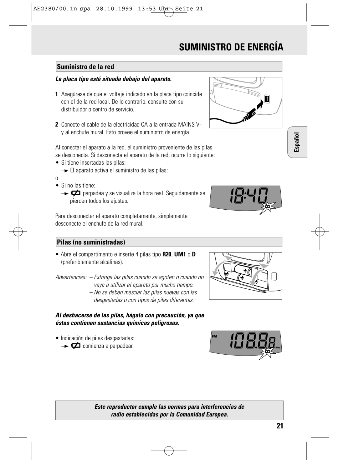 Philips AE2380 manual Suministro DE Energía, Suministro de la red, Pilas no suministradas 